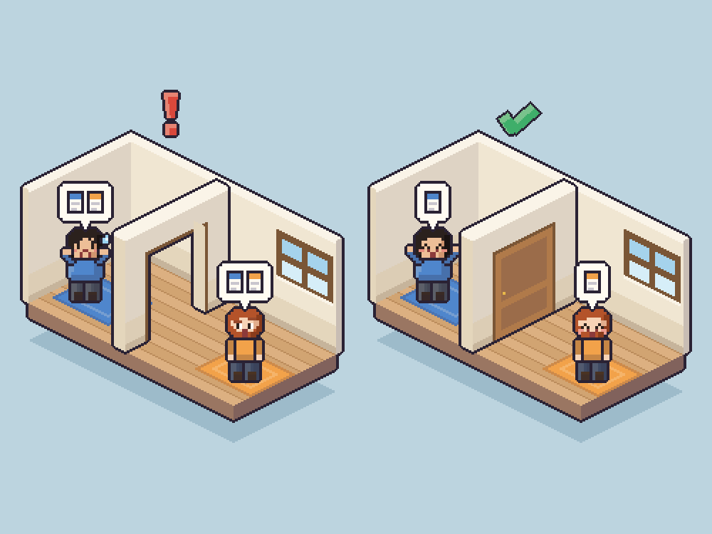 A pixel drawing of two apartments, before and after: an open doorway lets the tenants read each other's repair requests, then a closed door, and each sees only their own.