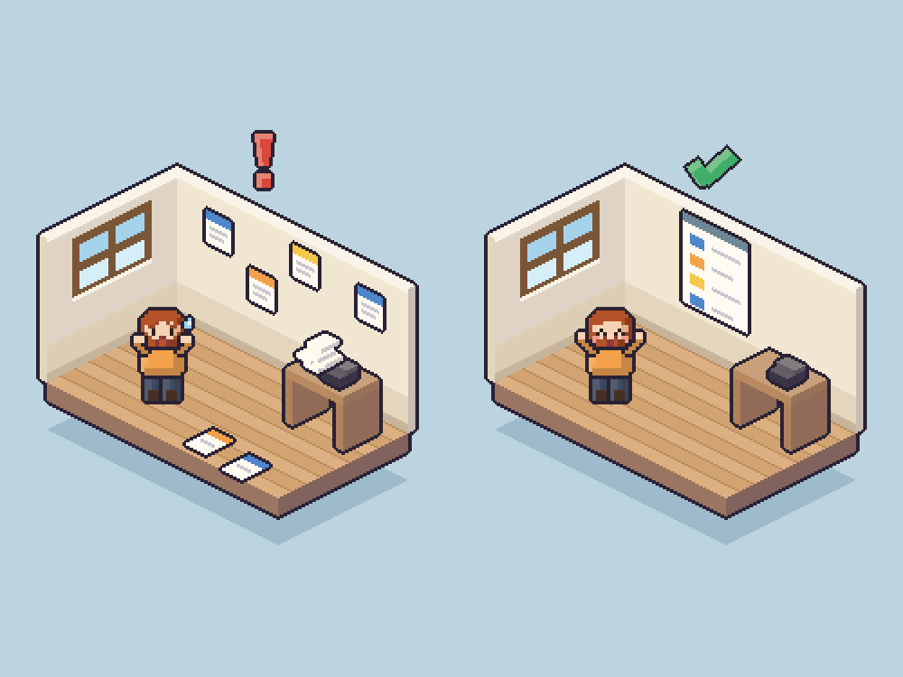 A pixel drawing of a shop office, before and after: request slips pinned everywhere and dropped on the floor, then every request on one list on the wall.