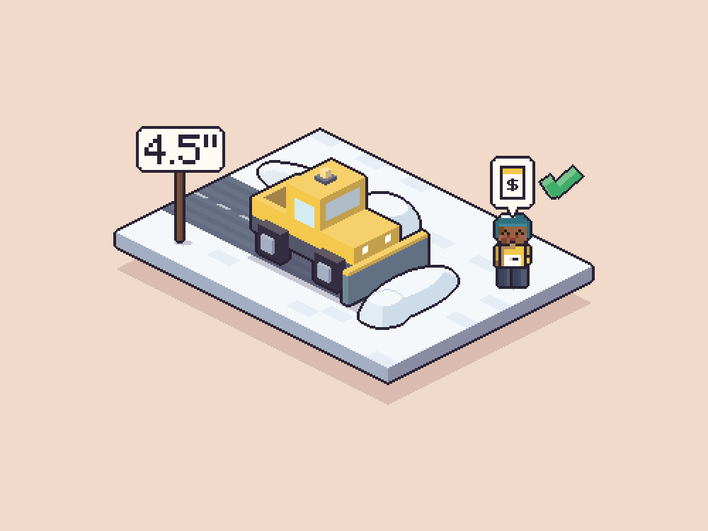 A pixel drawing: a plow truck clears a snowy lot at dawn, a sign reads 4.5 inches, and the owner holds the bill for the push.