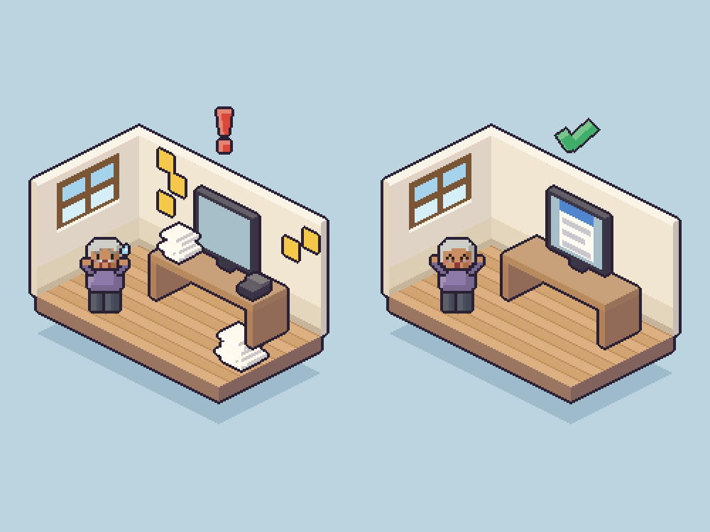 A pixel drawing of a property office, before and after: a desk buried in notes and papers, then the same desk with one list on the screen.