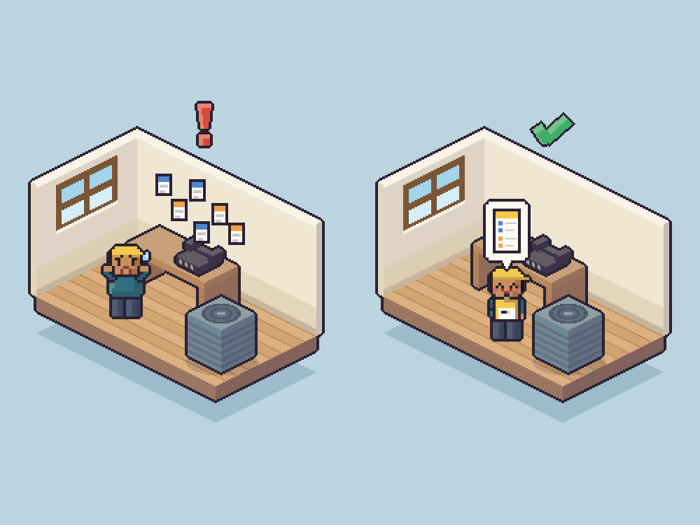 A pixel drawing of a shop office, before and after: the phone spraying call slips while the owner is stuck at the desk, then the phone quiet and the owner out at the unit with the day's list.